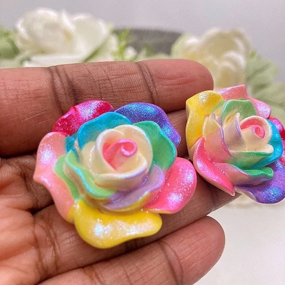 Flower rainbow Rose stud statement earrings Boho multicolor acrylic 💖 - Picture 12 of 17